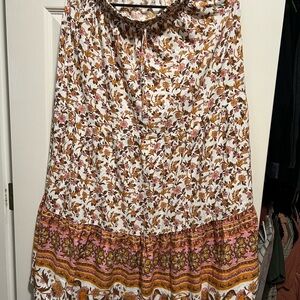 Boho Floral Maxi Skirt - Pink and Brown